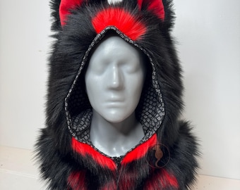 Animal hood with ears/ rave hood black and red