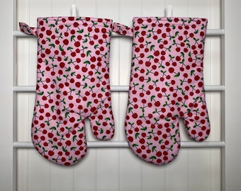 Cherry oven mitts, set of 2 cherry oven mitts, pink cherry oven mitts