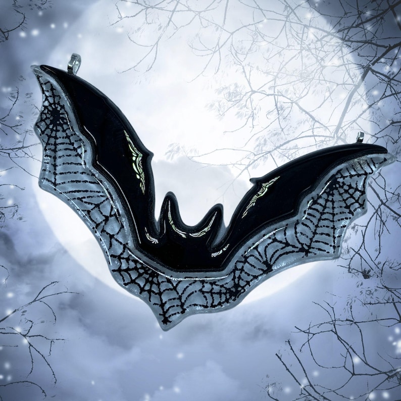 Stained Glass Bat Halloween Ornament, Gothic Fused Sun Catcher for Wall, Christmas Tree Decoration, Flying Fox, Unique Black Bat Spiderweb image 3