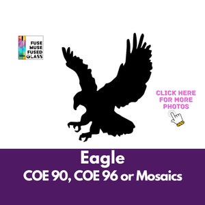 Fusible Precut Stained Glass Attacking Eagle, Precut Glass Shapes, Black or White, 90 COE or 96 COE, 3&quot;, 4&quot; or 5&quot; Tall, Fusing or Mosaics