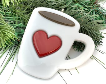 Coffee Ornament, Coffee Cup Ornament, Coffee Mug Ornament, Fused Glass Tree Decoration