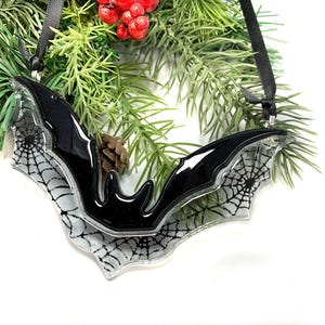 Stained Glass Bat Halloween Ornament, Gothic Fused Sun Catcher for Wall, Christmas Tree Decoration, Flying Fox, Unique Black Bat Spiderweb image 4