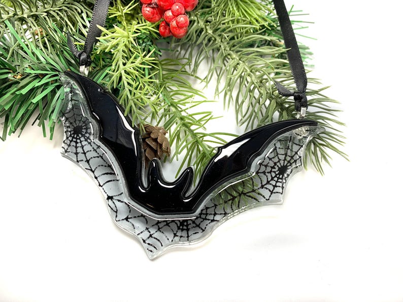 Stained Glass Bat Halloween Ornament, Gothic Fused Sun Catcher for Wall, Christmas Tree Decoration, Flying Fox, Unique Black Bat Spiderweb image 4