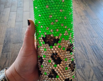 Neon Green & Leopard Ombre Rhinestone Tumbler