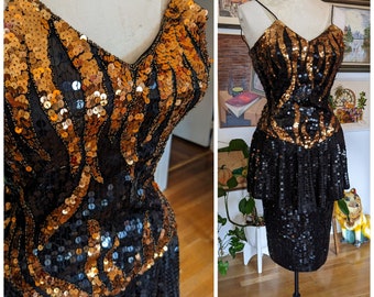 Sparkly Sequin Vintage Knee Length Black and Copper Peplum Party Dress