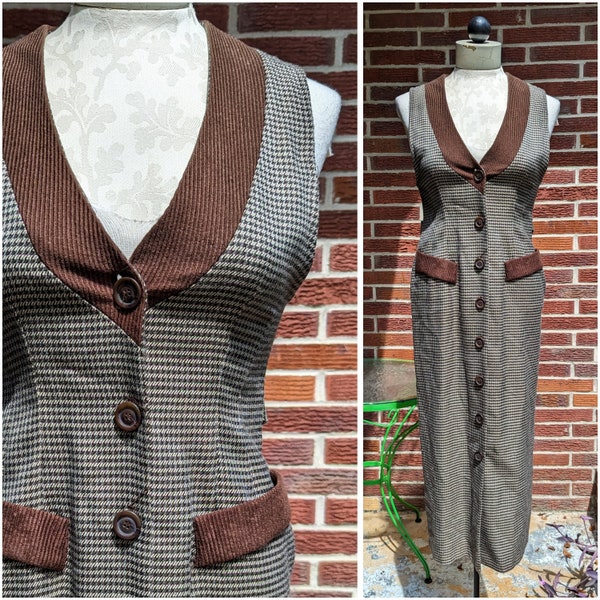 Button Up Pinafore Dress with Attached Belt | 90s Vintage