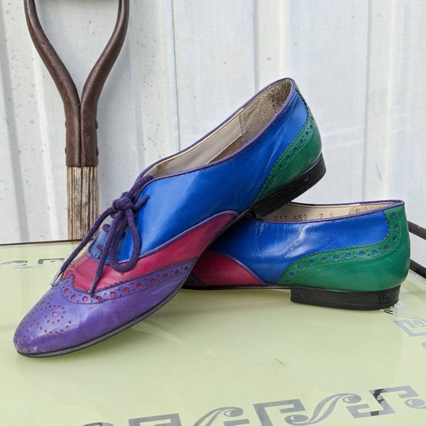 70s Vintage Colorblock Oxford Shoes by Nina | Made in Spain | Wingtip Saddle Shoes | Women's Size 7 Narrow