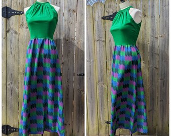 60s 70s Vintage Dress - Sleeveless Maxi Halter Dress by Justin McCarty - Women's Size 10 Dress