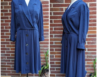 Navy Blue Rayon Midi Dress by Melissa | 80s 90s Vintage