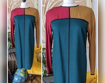 Vintage 90s Color Block Dress - Long Sleeve Rayon Midi Shift Dress - Women's Size 6