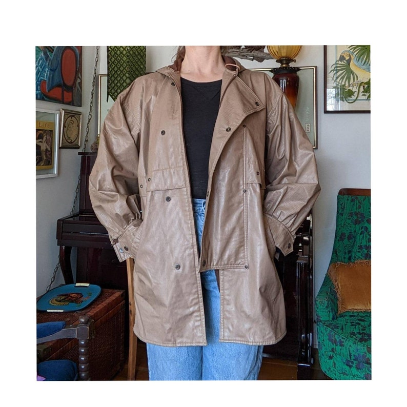 80s Vintage Raincoat Tan PVC Raincoat by Lot One Inc of Boston Loose Fit Baggy Oversized Raincoat image 1