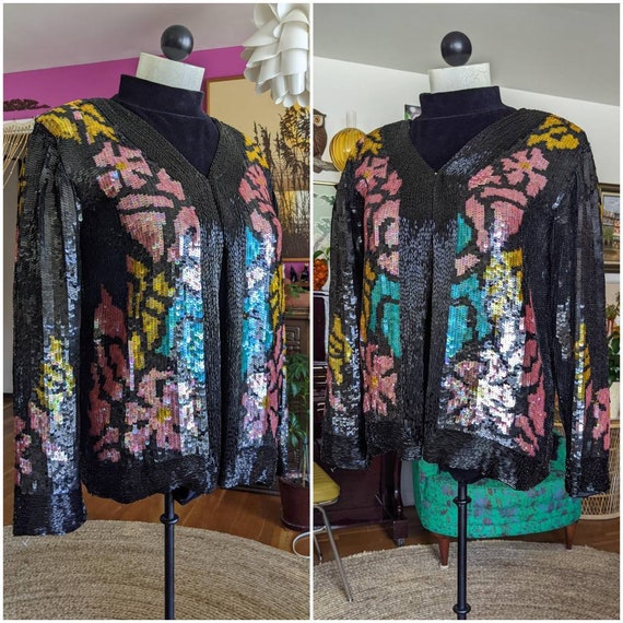 80s Vintage Beaded Jacket - HEAVY Silk Sequined J… - image 8