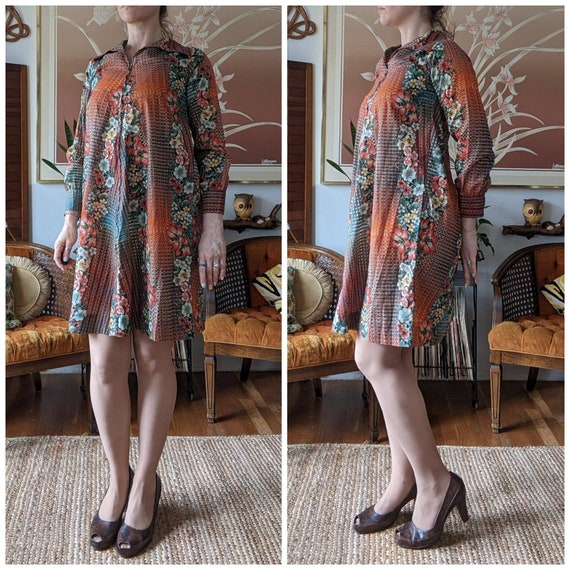 70s Vintage Dress - Long Sleeve Mini Dress - Ligh… - image 2