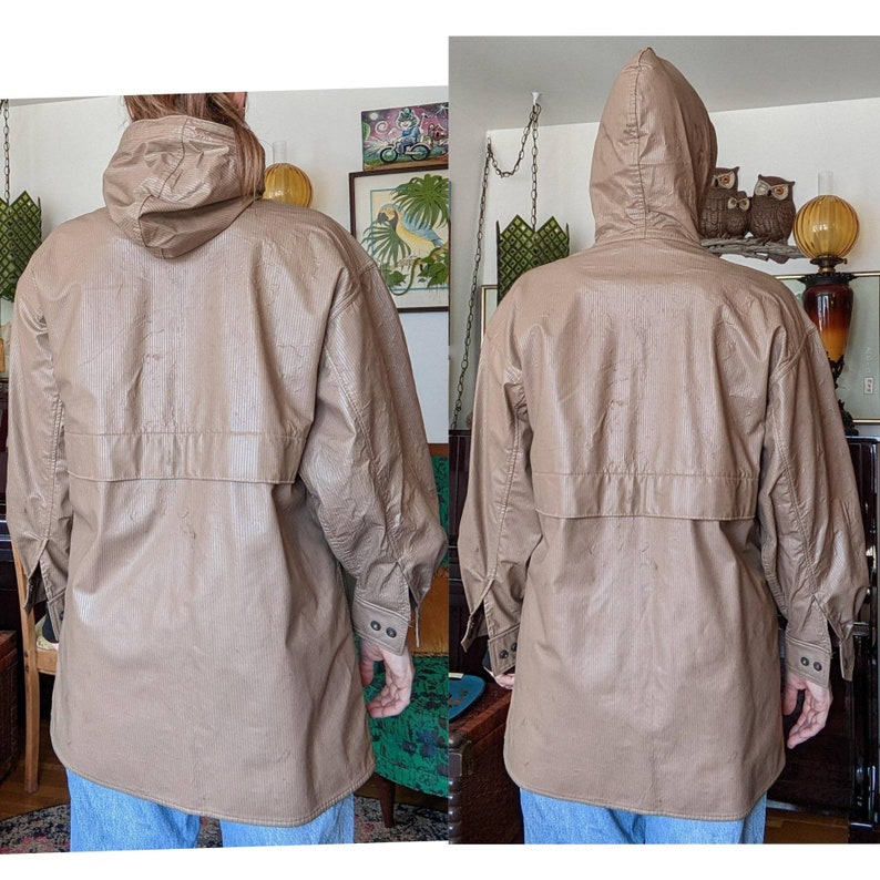 80s Vintage Raincoat Tan PVC Raincoat by Lot One Inc of Boston Loose Fit Baggy Oversized Raincoat image 6