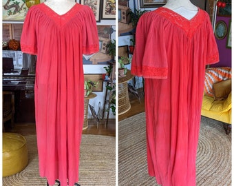 60s 70s Maxi Dress - Gauzy Lacy Red Dress with Bell Sleeves