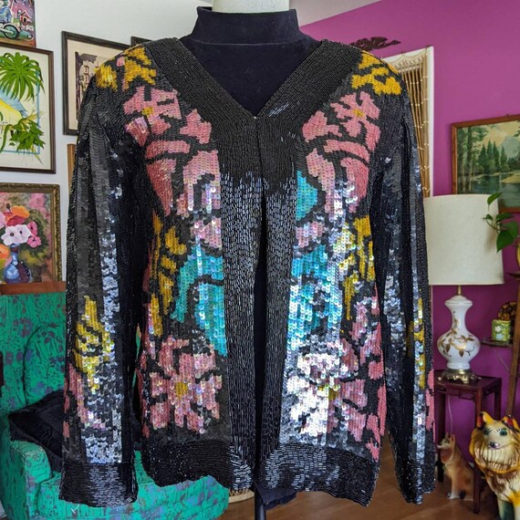 80s Vintage Beaded Jacket - HEAVY Silk Sequined J… - image 3