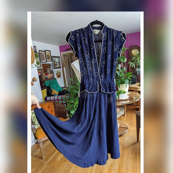 40s Vintage Dress - Sheer Navy Polkadot Dress by Dori… - Gem