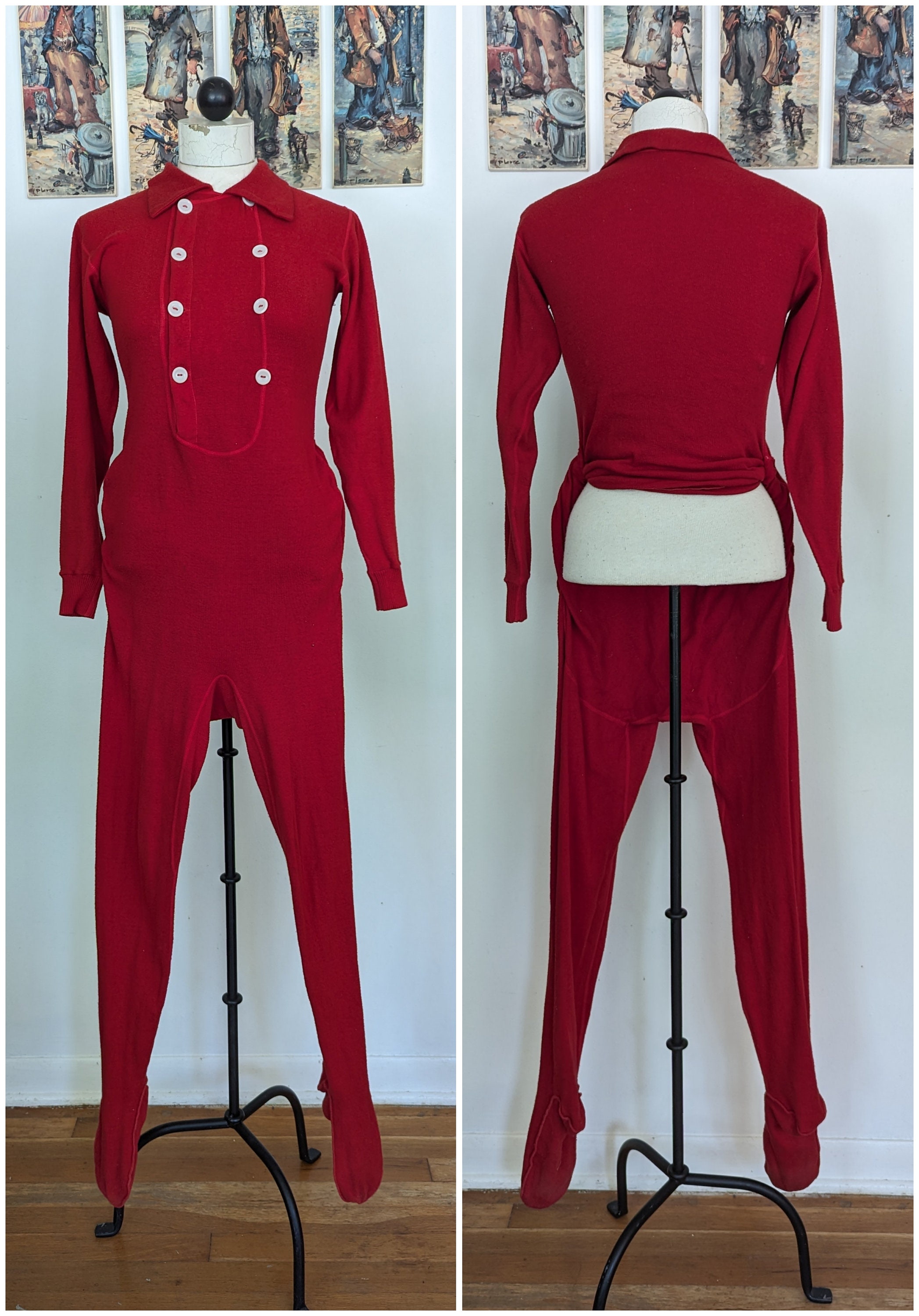 Vintage Red Union Suit, Waffle Weave Long Johns Thermal Underwear