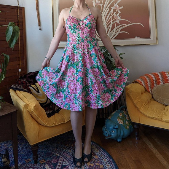 70s 80s Vintage Dress - Floral Halter Dress with … - image 2
