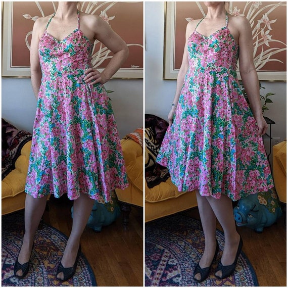 70s 80s Vintage Dress - Floral Halter Dress with … - image 7