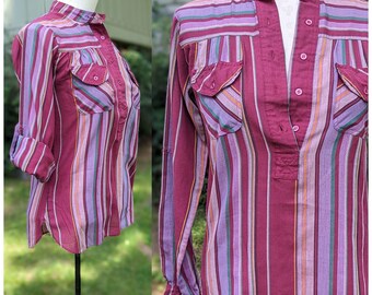 70s Vintage Lightweight Striped Long Sleeve Blouse