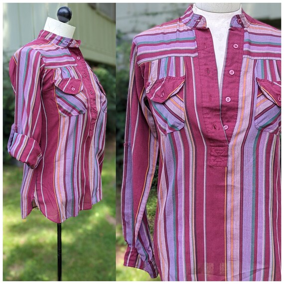 70s Vintage Lightweight Striped Long Sleeve Blouse