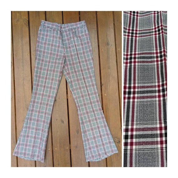 70s Vintage Pants - Flare Leg Plaid Pants - image 1