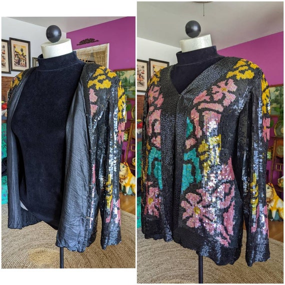 80s Vintage Beaded Jacket - HEAVY Silk Sequined J… - image 10