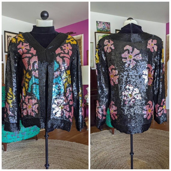 80s Vintage Beaded Jacket - HEAVY Silk Sequined J… - image 2