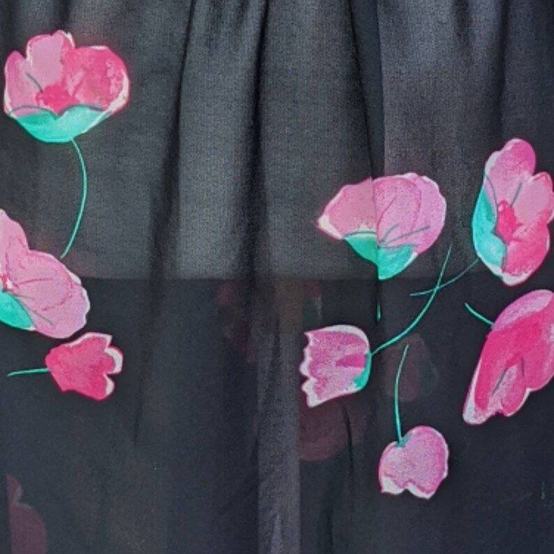 Pink Flowers on a Black Background Union Made in the USA Sheer Vintage Dress