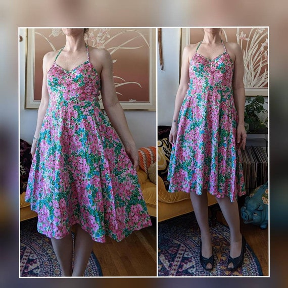 70s 80s Vintage Dress - Floral Halter Dress with … - image 1