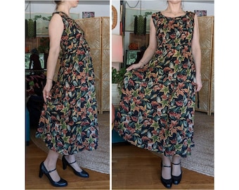 90s Vintage Rayon Dress - Floral Sleeveless Midi Maxi Dress WITH ATTACHED BELT by Joni Blair - Women's Size 5 Dress