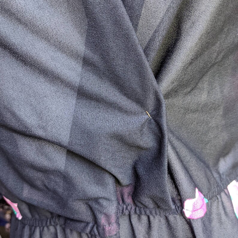 Pink Flowers on a Black Background Union Made in the USA Sheer Vintage Dress