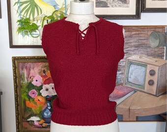 70s Vintage Blouse - Cranberry Burgundy Lace Up Sleeveless Knit Blouse by Penney's - Women's Size Small