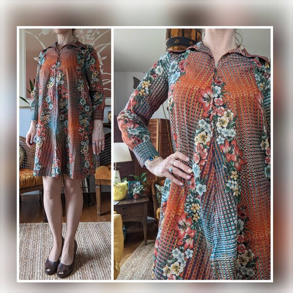 70s Vintage Dress - Long Sleeve Mini Dress - Ligh… - image 1