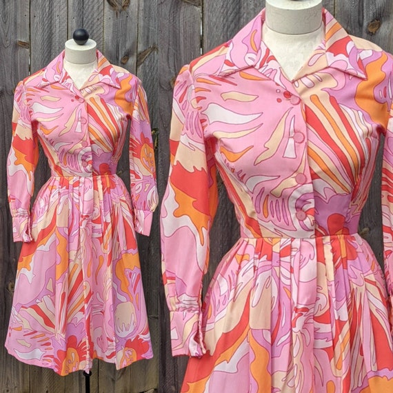 Vintage 60s 70s Psychedelic Dress - Mod Midi Dress