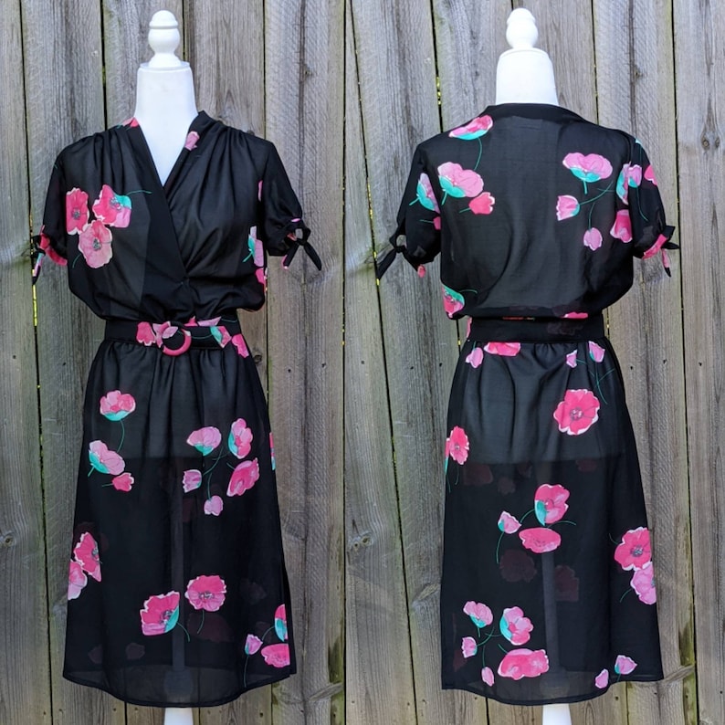 Pink Flowers on a Black Background Union Made in the USA Sheer Vintage Dress