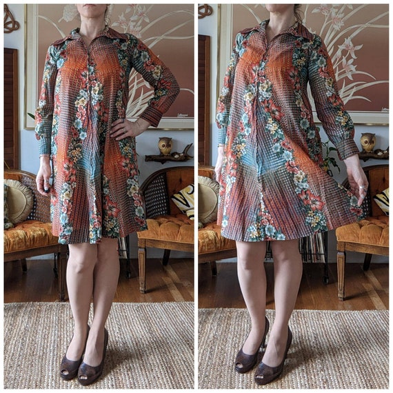 70s Vintage Dress - Long Sleeve Mini Dress - Ligh… - image 6