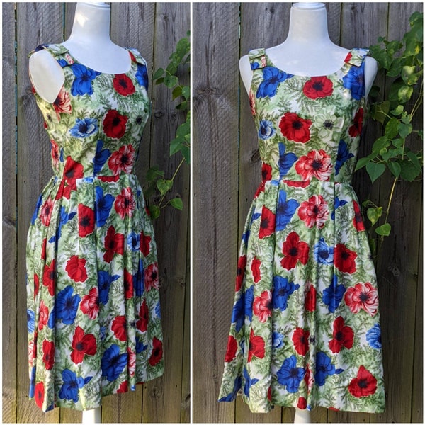 60s Vintage Dress - Vibrant Floral Summer Cocktail Dress - Sleeveless Pleated Skirt Bust Darts - Women's Size XXS