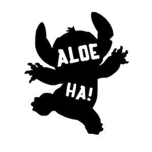 May include: Black silhouette of a cartoon character with the text "ALOHA" written on it.