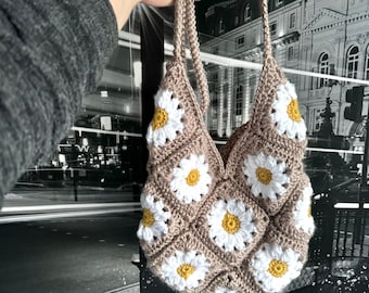 Handmade Crochet Bohemian Style Shoulder Bag, Daisy Granny Square Tote Bag