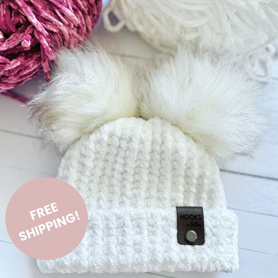 Adult Winter Hat with Removable Faux Fur Double Pom Poms, Cute Beanie, Warm Hats and Accessories, Trendy Fashionable Chic Winter Wear