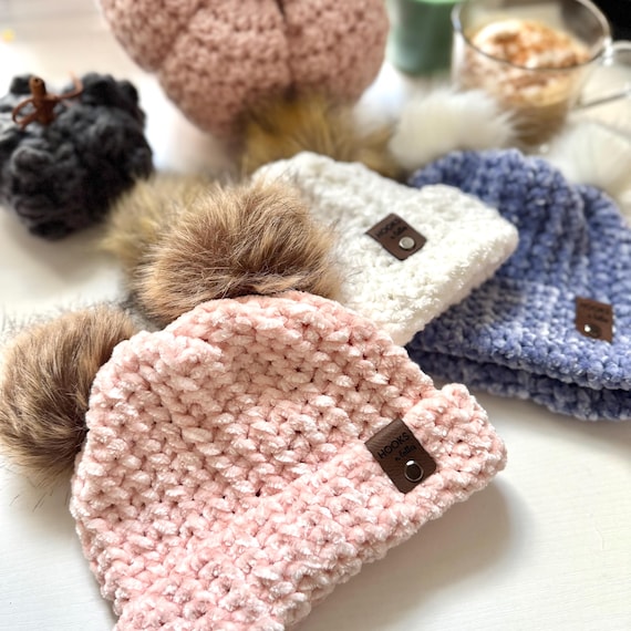 Handmade Velvet Crochet Beanie: Removable Faux Fur Pom Pom Winter Hat