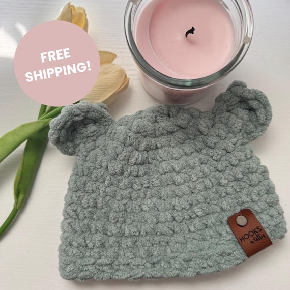 Chunky Baby Bear Hat – Crochet Newborn Bear Beanie with Ears, Soft Fleece Winter Hat for Babies, Handmade Baby Gift, Photo Prop