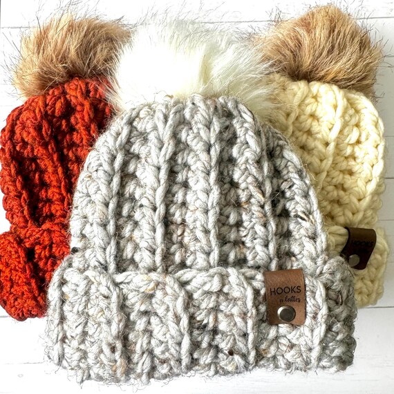 Adult Chunky Winter Hat, Handmade Beanie with Faux Fur Pom Pom