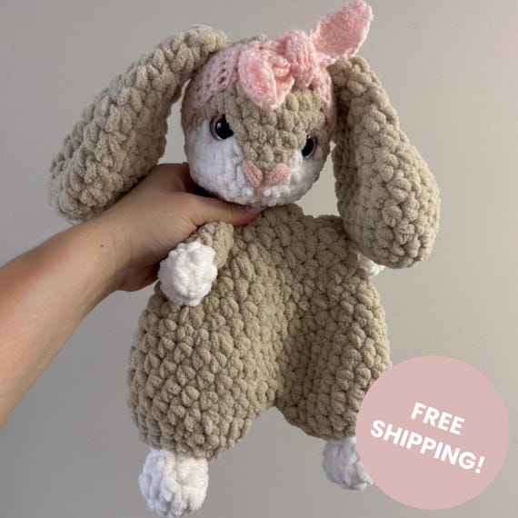 Handmade Bunny Snuggler with Bow, Soft Plush Stuffed Animal, Baby Shower Gift, Bunny Lovey Toy, Neutral Nursery Decor, Easter Bunny Toy