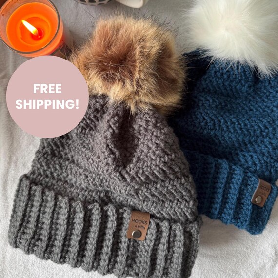 Kids Removable Pom Pom Hat, Toddler and Child Winter Beanie, Handmade Knit Hat with Detachable Faux Fur Pom, Cozy Hat for Boys and Girls