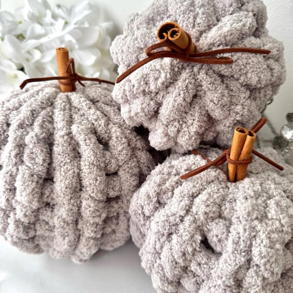 Chunky Crochet Pumpkin, Handmade Chenille Fall Decor with Cinnamon Stem