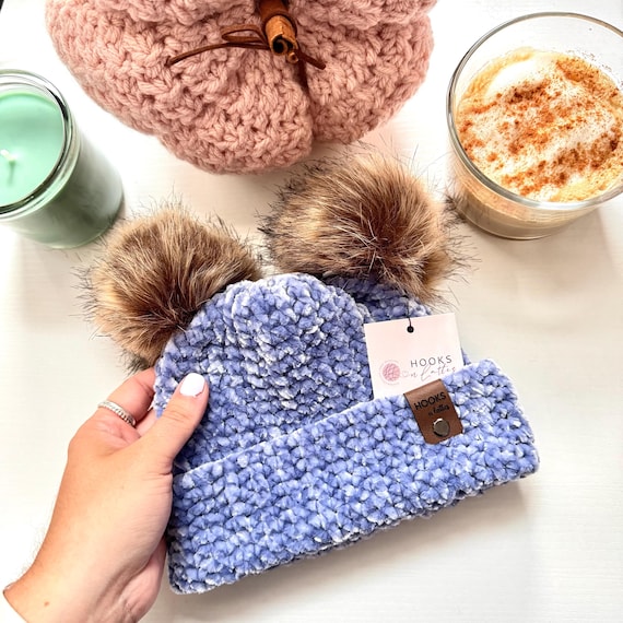 Crochet Velvet Kids Beanie: Removable Faux Fur Double Pom Poms