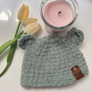 Chunky Baby Bear Hat, Crochet Newborn Bear Beanie with Ears, Soft Fleece Winter Hat for Babies, Handmade Baby Gift, Photo Prop